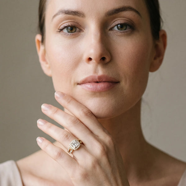 Yellow gold Princess Halo Split Shank Milgrain Diamond Ring