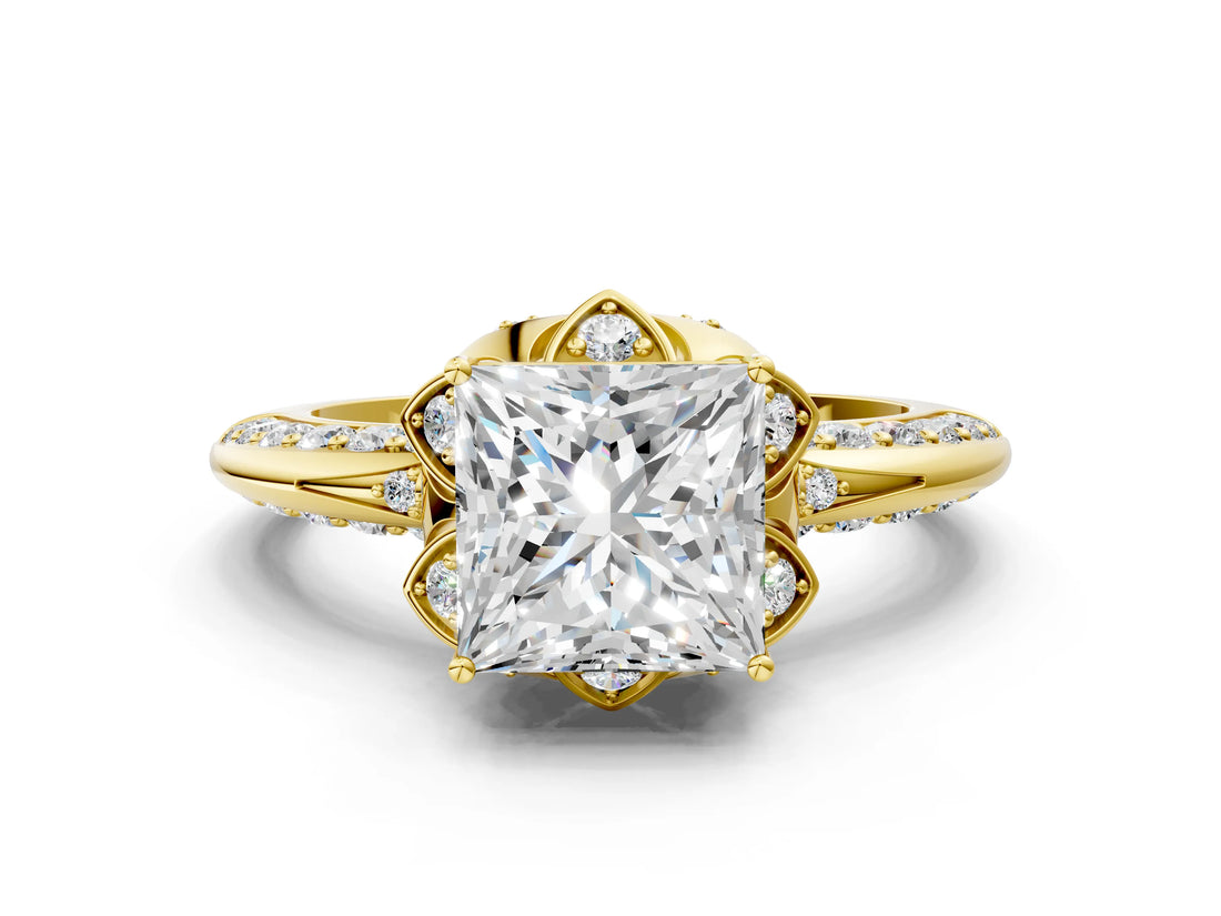 Yellow gold Princess Halo Split Shank Pave Diamond Ring with Petal Prong Setting_19