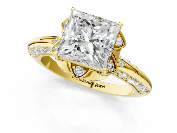 Yellow gold Princess Halo Split Shank Pave Diamond Ring with Petal Prong Setting