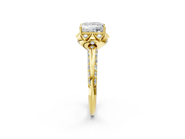 Yellow gold Princess Halo Split Shank Pave Diamond Ring with Petal Prong Setting