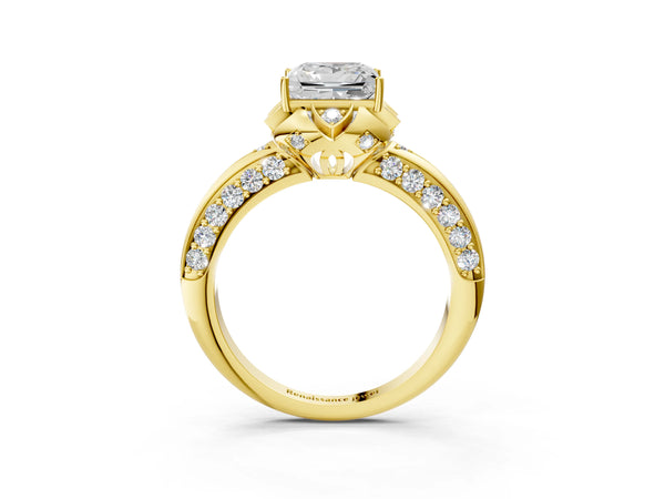 Yellow gold Princess Halo Split Shank Pave Diamond Ring with Petal Prong Setting