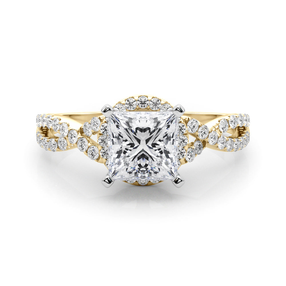 Yellow gold Princess Halo Twist Band Solitaire Prong Setting Ring 1