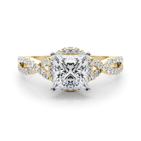 Yellow gold Princess Halo Twist Band Solitaire Prong Setting Ring 1