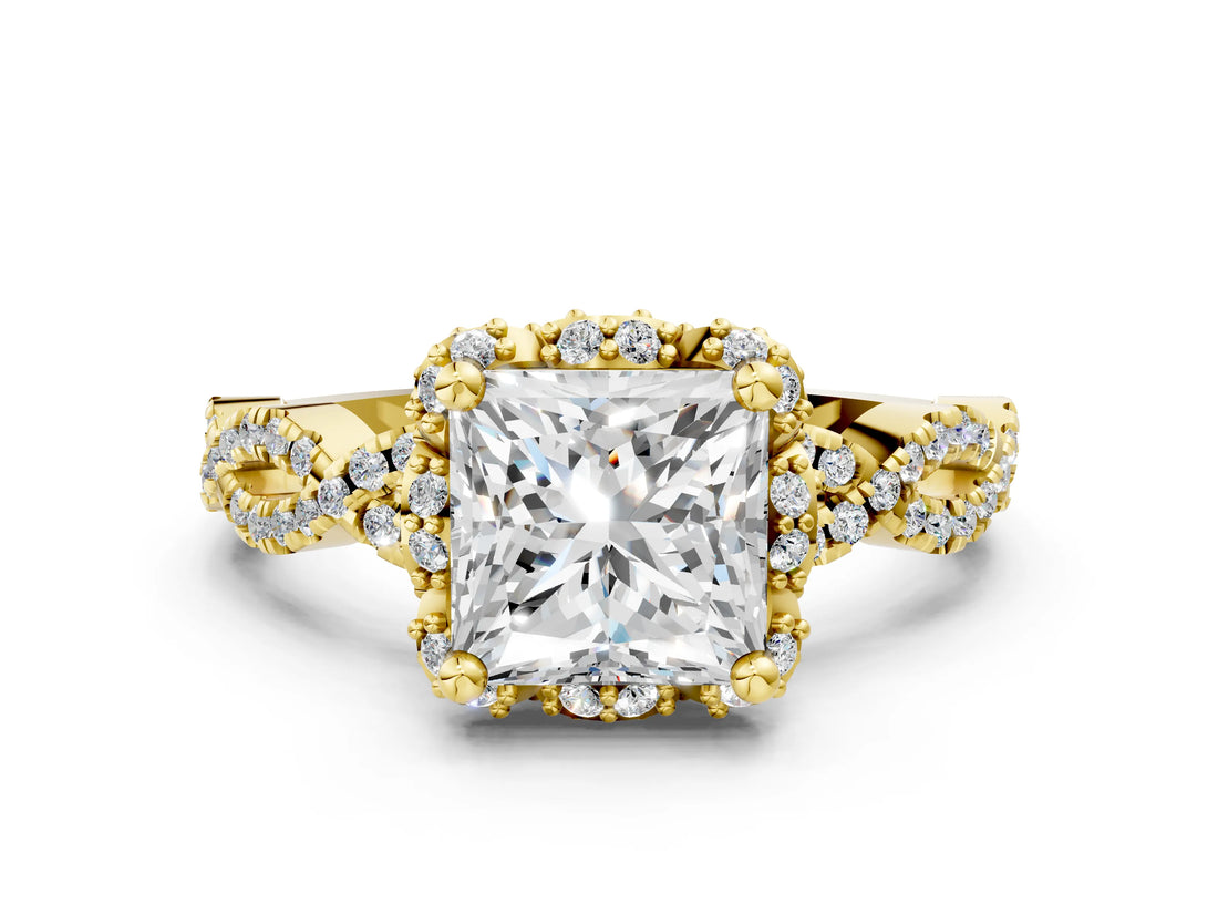 Yellow gold Princess Halo Twist Band Solitaire Ring with Six-Prong Setting_32