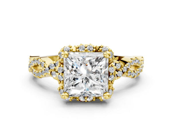 Yellow Gold Princess Cut Milgrain Halo Engagement Ring Setting with Graduated Shoulders