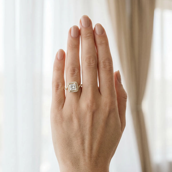 Yellow gold Princess Halo Twist Band with Four-Prong Setting