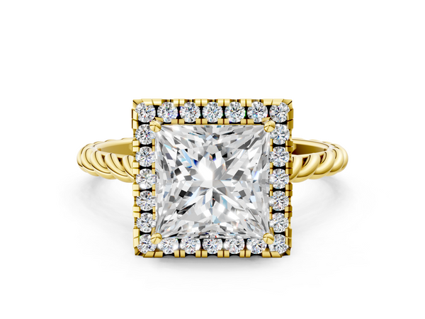 Yellow gold Princess Halo Twisted Band Four-Prong Diamond Ring
