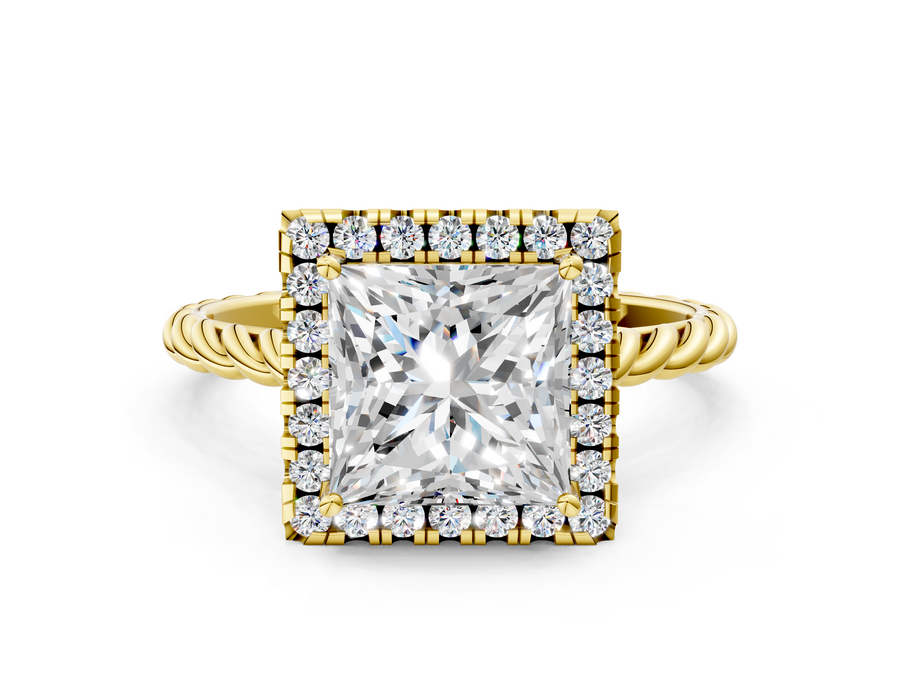 Yellow gold Princess Halo Twisted Band Four-Prong Diamond Ring