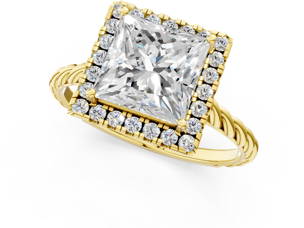Yellow gold Princess Halo Twisted Band Four-Prong Diamond Ring