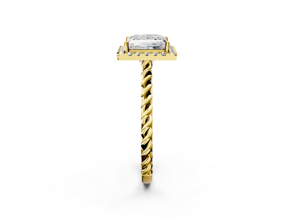 Yellow gold Princess Halo Twisted Band Four-Prong Diamond Ring