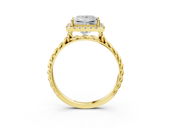 Yellow gold Princess Halo Twisted Band Four-Prong Diamond Ring