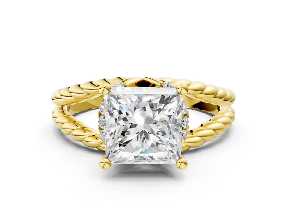 Yellow gold Princess Halo Twisted Band Four-Prong Ring_52