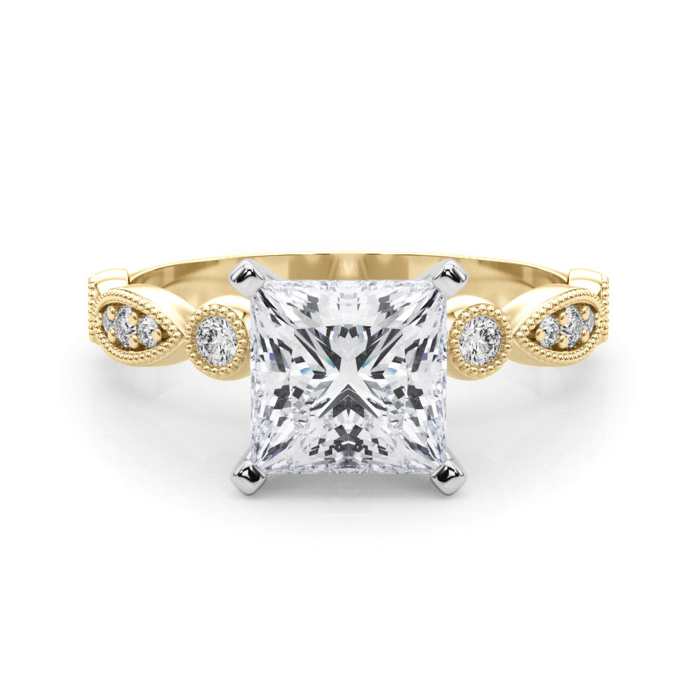 Yellow gold Princess Milgrain Bezel Diamond Engagement Ring with Solitaire Prong Setting 1