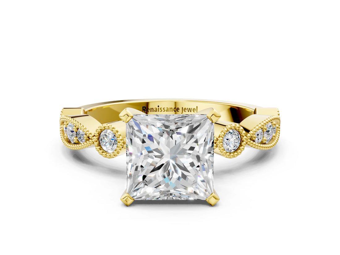 Yellow gold Princess Milgrain Bezel Diamond Engagement Ring with Solitaire Prong Setting_164