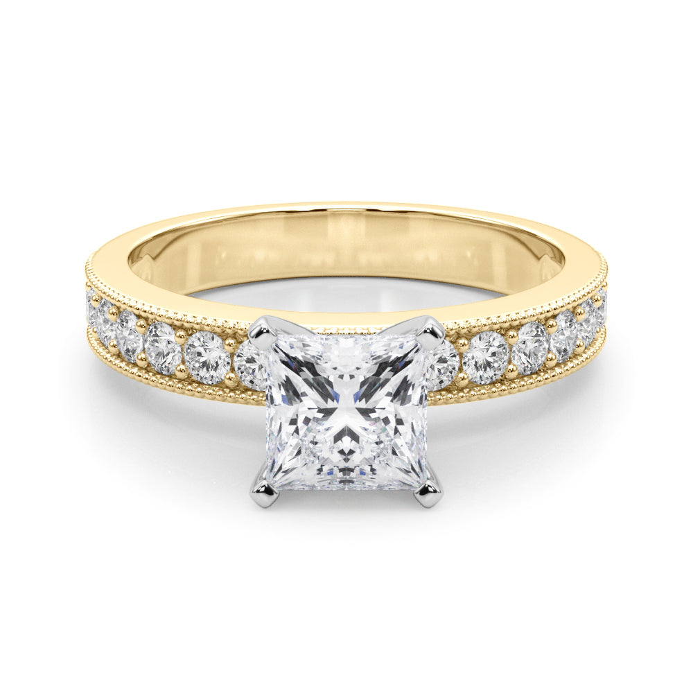 Yellow gold Princess Milgrain Pave Diamond Engagement Ring with Four-Prong Setting 1
