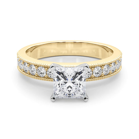 Yellow gold Princess Milgrain Pave Diamond Engagement Ring with Four-Prong Setting 1