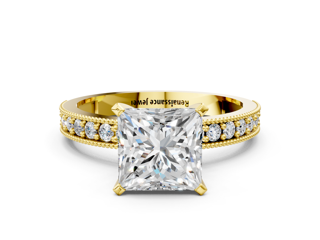 Yellow gold Princess Milgrain Pave Diamond Engagement Ring with Four-Prong Setting_155