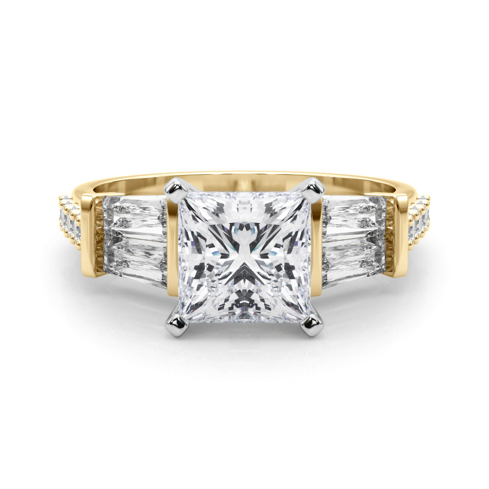 Yellow gold Princess Solitaire Baguette Side Stone Channel Set Engagement Ring 1