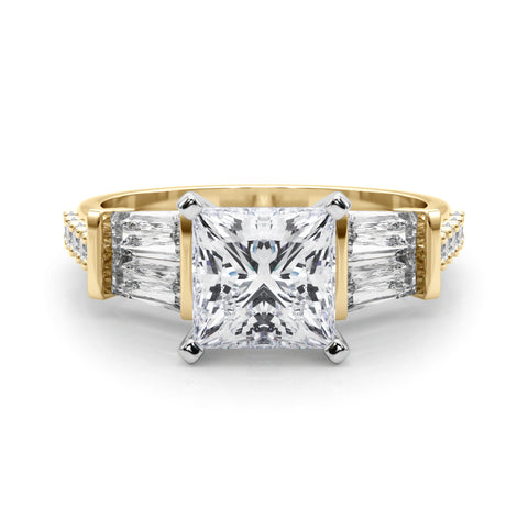 Yellow gold Princess Solitaire Baguette Side Stone Channel Set Engagement Ring 1