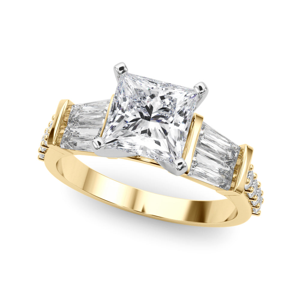 Yellow gold Princess Solitaire Baguette Side Stone Channel Set Engagement Ring