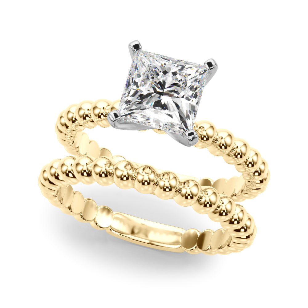 Yellow gold Princess Solitaire Beaded Band Prong Setting Ring 1
