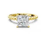 Yellow gold Princess Solitaire Beaded Band Prong Setting Ring