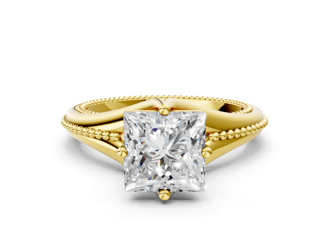 Yellow gold Princess Solitaire Beaded Band Six-Prong Setting_4