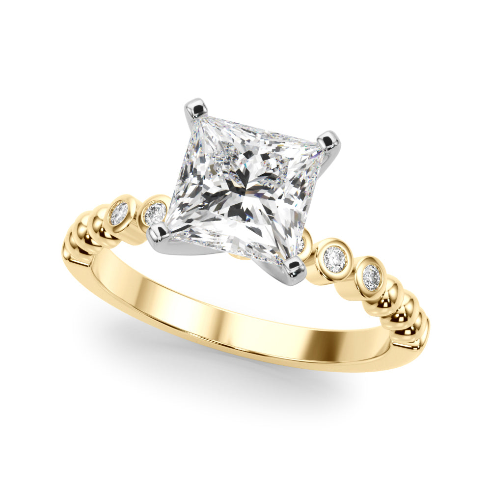 Yellow gold Princess Solitaire Bezel Accent Diamond Engagement Ring with Beaded Band and Four-Prong Setting