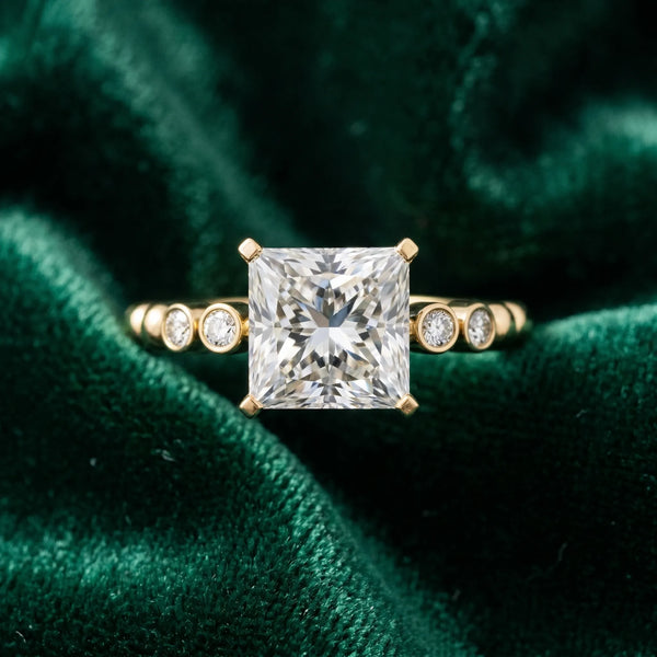 Yellow gold Princess Solitaire Bezel Accent Diamond Engagement Ring with Beaded Band and Four-Prong Setting