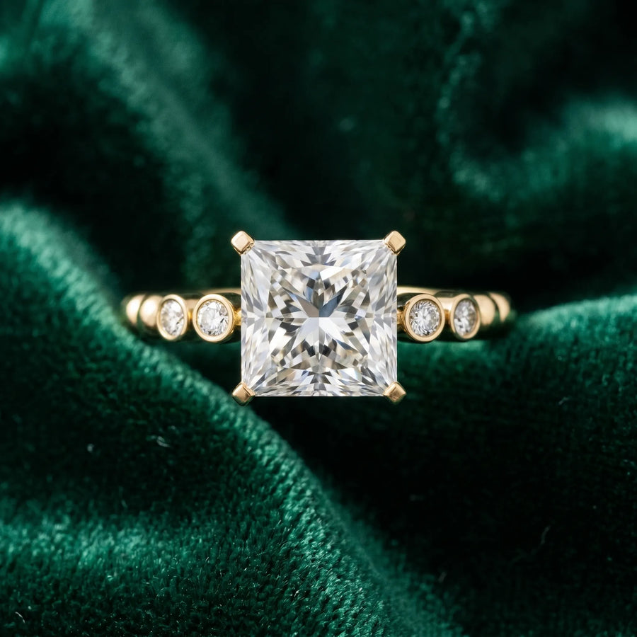 Yellow gold Princess Solitaire Bezel Accent Diamond Engagement Ring with Beaded Band and Four-Prong Setting