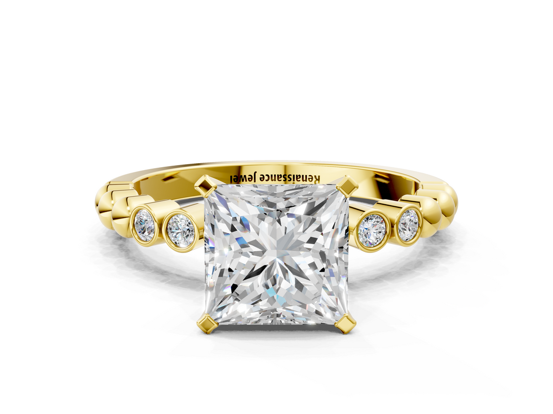 Yellow gold Princess Solitaire Bezel Accent Diamond Engagement Ring with Beaded Band and Four-Prong Setting_36
