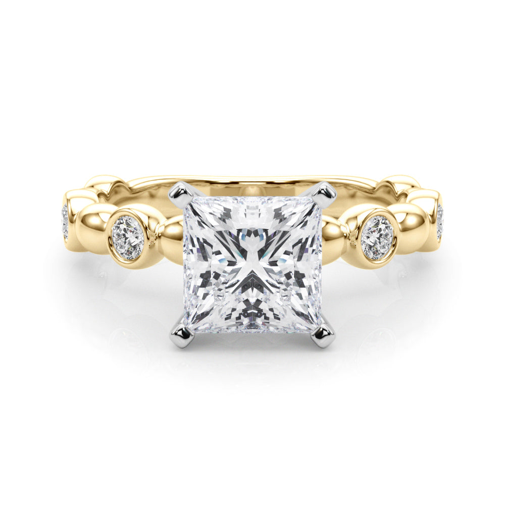 Yellow gold Princess Solitaire Bezel-Set Diamond Ring with Beaded Band and Four-Prong Setting 1