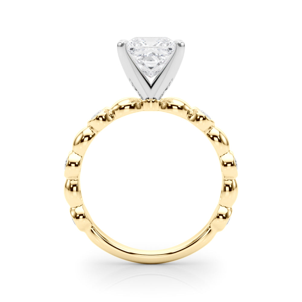 Yellow gold Princess Solitaire Bezel-Set Diamond Ring with Beaded Band and Four-Prong Setting 2