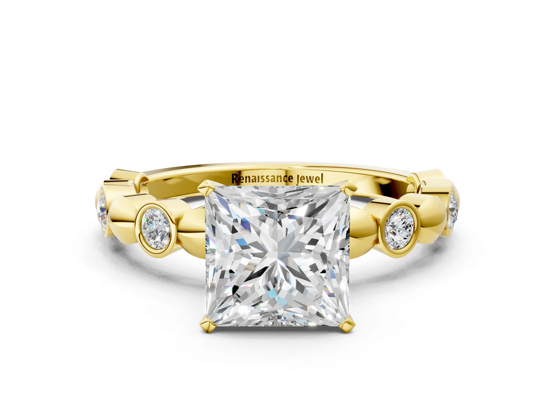 Yellow gold Princess Solitaire Bezel-Set Diamond Ring with Beaded Band and Four-Prong Setting_67
