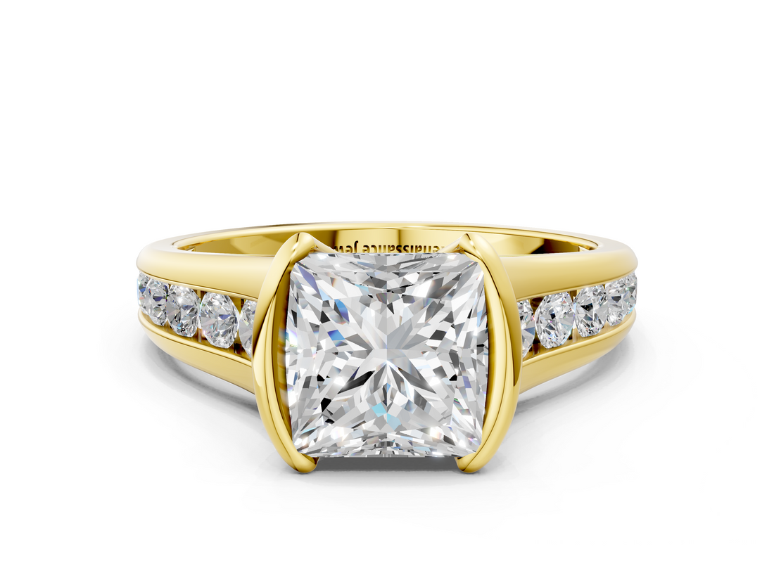 Yellow gold Princess Solitaire Bezel-Set Diamond Ring with Channel-Set Band_93