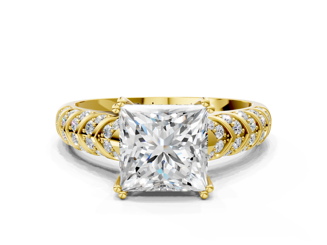 Yellow gold Princess Solitaire Chevron Pave Diamond Engagement Ring with Six-Prong Setting_3