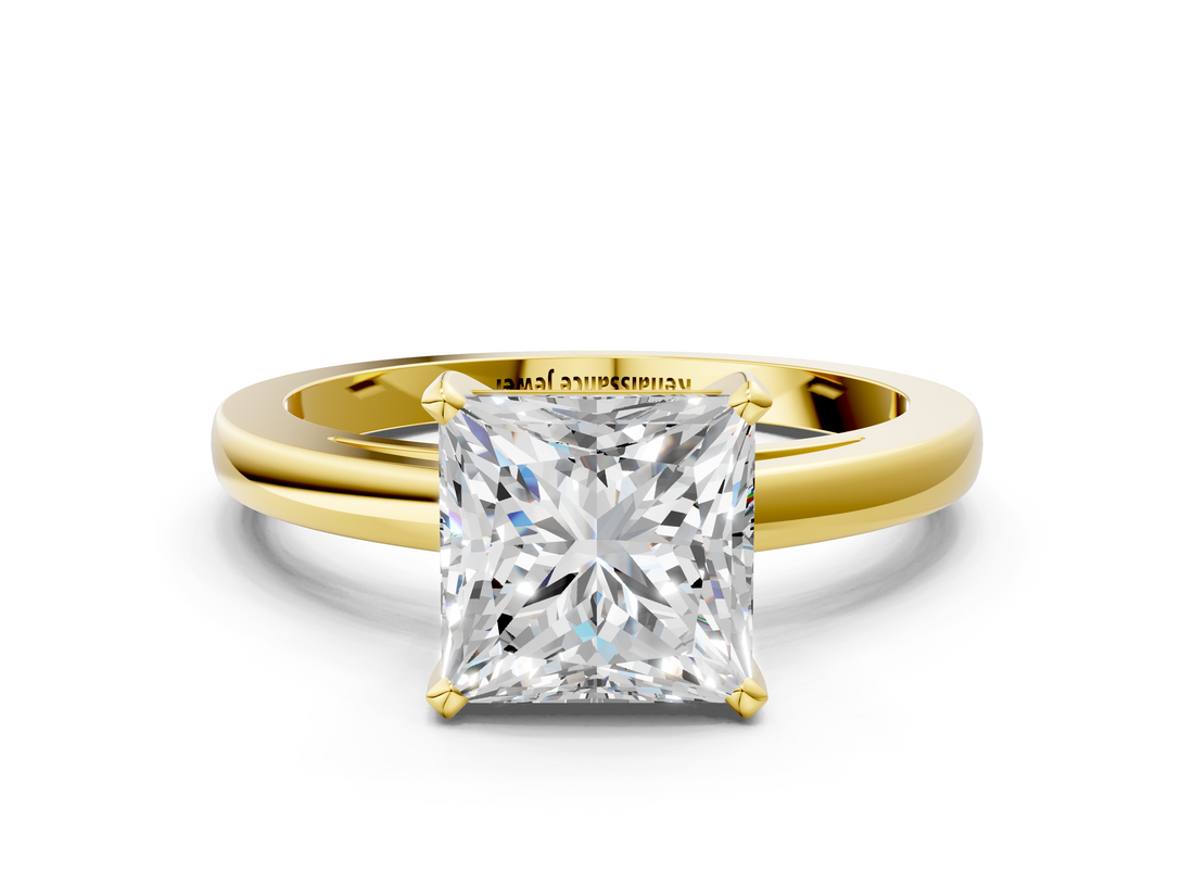Yellow gold Princess Solitaire Diamond Engagement Ring with Four-Prong Setting on a Classic Band_8