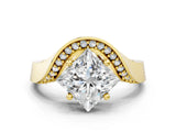 Yellow gold Princess Solitaire Diamond Engagement Ring with Pave Band and Four-Prong Setting