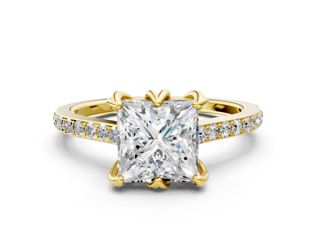 Yellow gold Princess Solitaire Diamond Engagement Ring with Pave Band and Six-Prong Setting_44