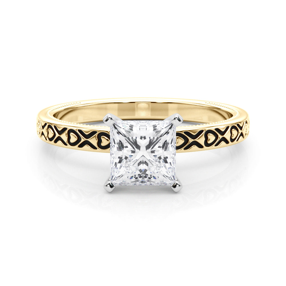 Yellow gold Princess Solitaire Diamond Engagement Ring with XO Engraved Band and Four-Prong Setting 1