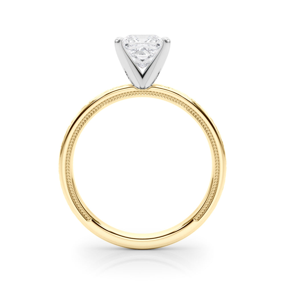 Yellow gold Princess Solitaire Diamond Engagement Ring with XO Engraved Band and Four-Prong Setting 2