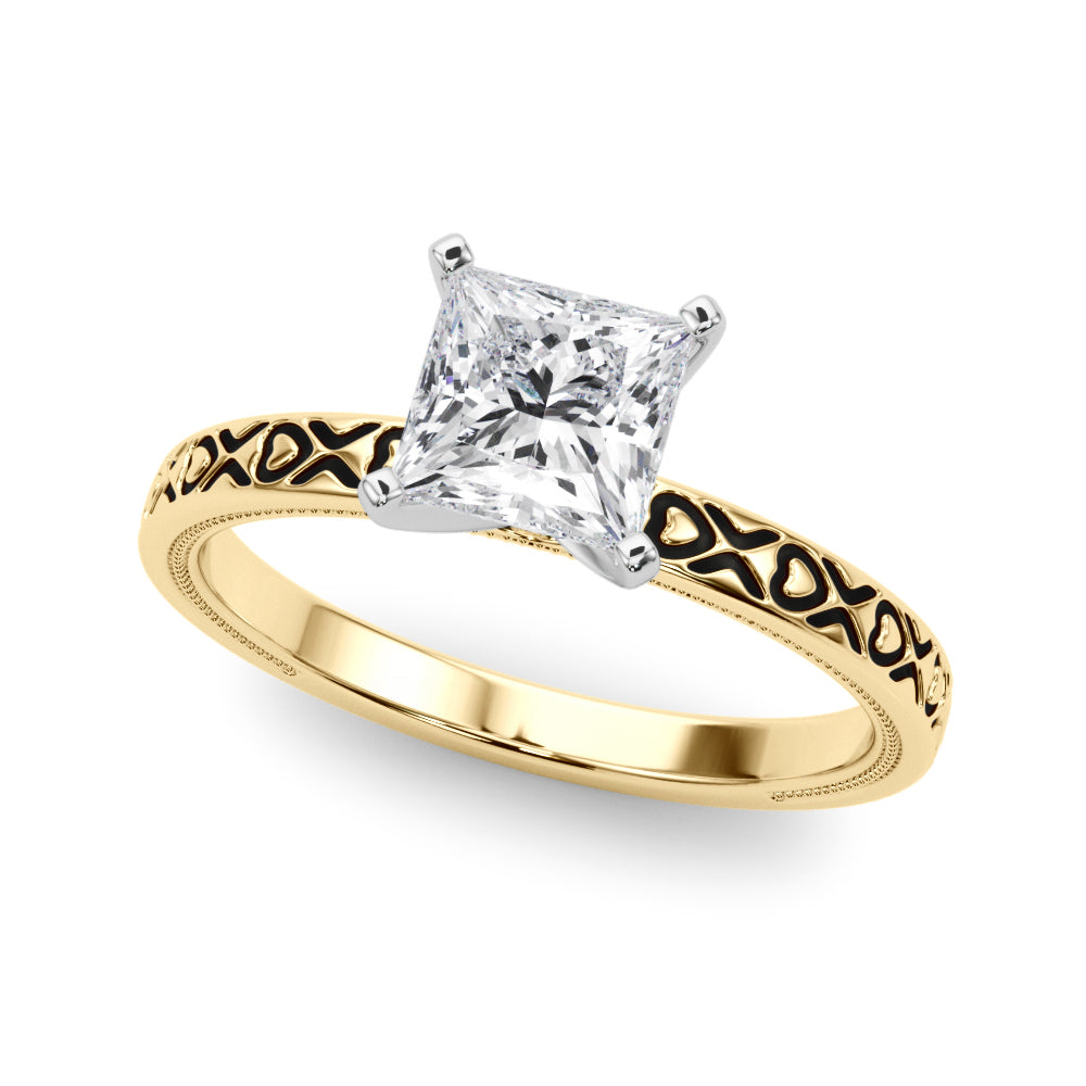 Yellow gold Princess Solitaire Diamond Engagement Ring with XO Engraved Band and Four-Prong Setting