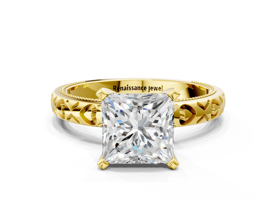 Yellow gold Princess Solitaire Diamond Engagement Ring with XO Engraved Band and Four-Prong Setting