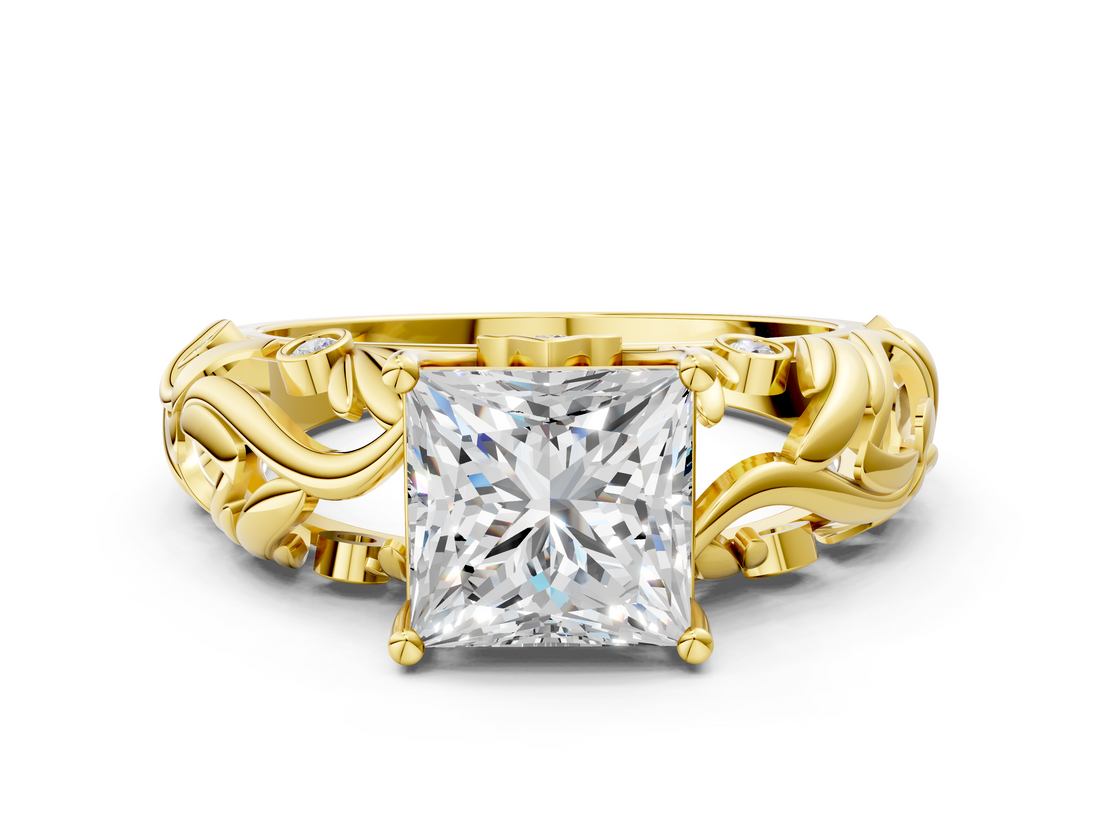 Yellow gold Princess Solitaire Diamond Leaf Vine Band with Prong Setting_71
