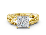 Yellow gold Princess Solitaire Diamond Leaf Vine Band with Prong Setting_71