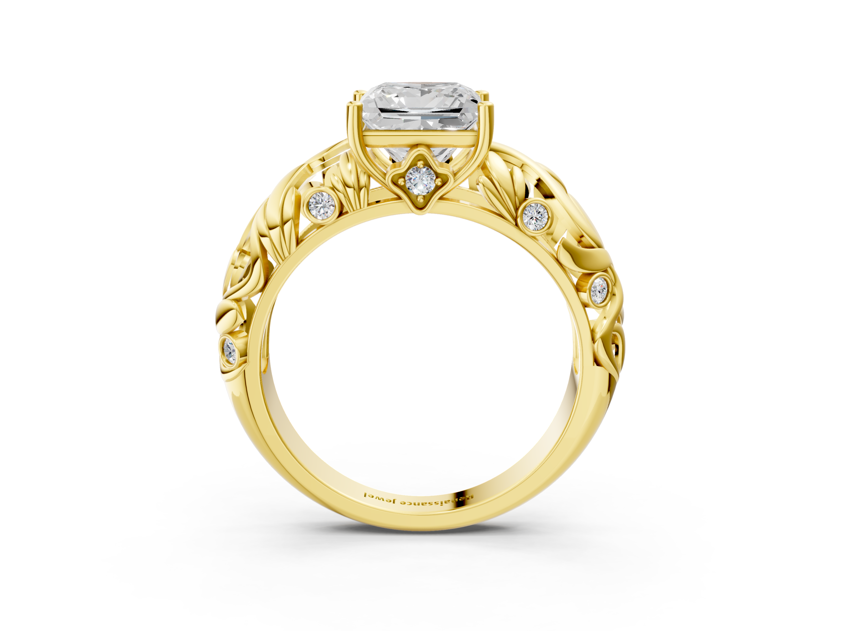 Yellow gold Princess Solitaire Diamond Leaf Vine Band with Prong Setting_74