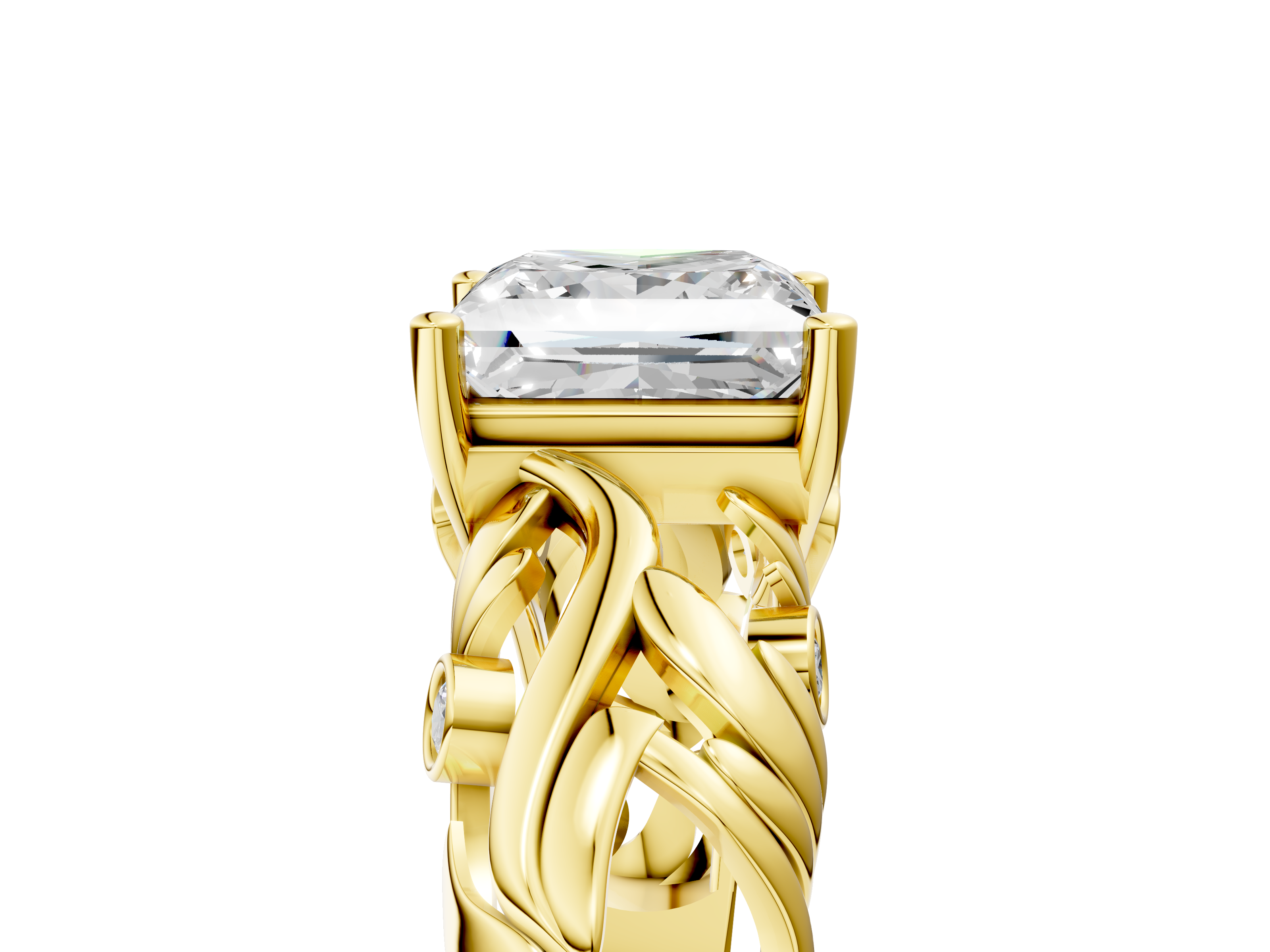 Yellow gold Princess Solitaire Diamond Leaf Vine Band with Prong Setting_76