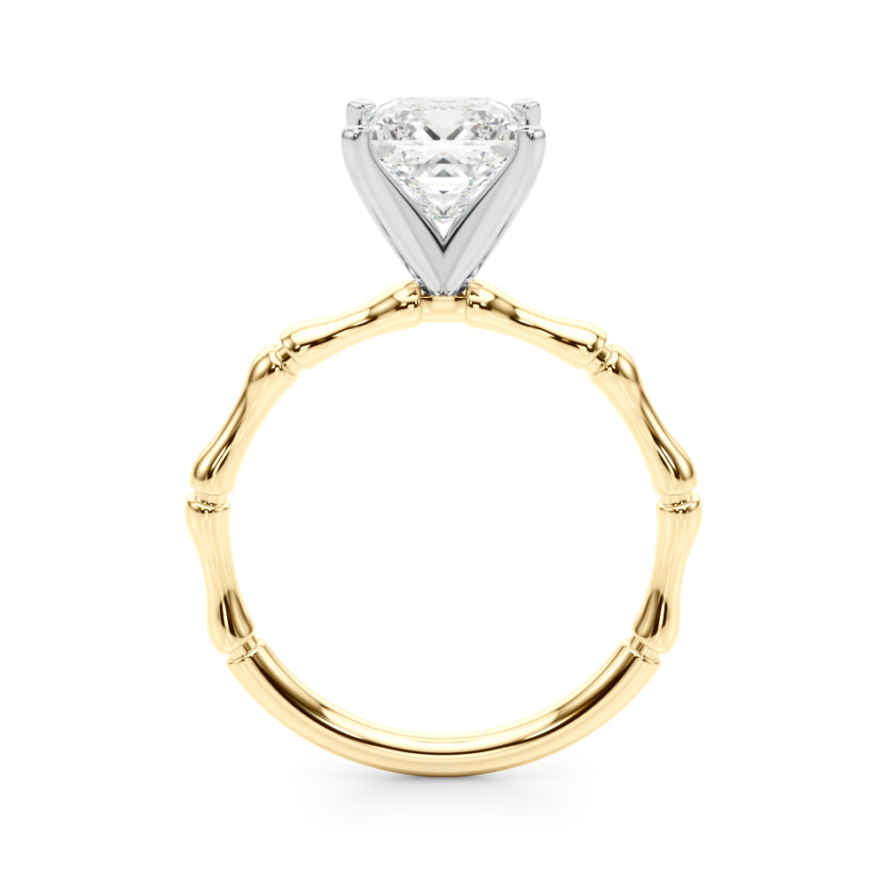Yellow gold Princess Solitaire Diamond Ring with Bamboo Band and Four-Prong Setting 2