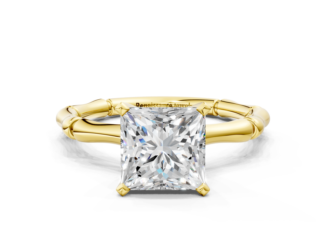 Yellow gold Princess Solitaire Diamond Ring with Bamboo Band and Four-Prong Setting_47