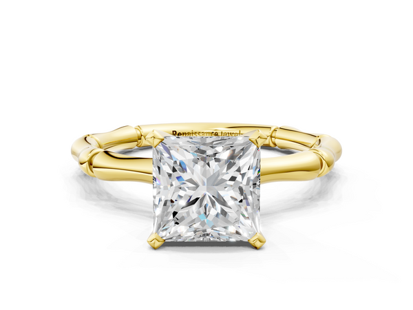 Yellow gold Princess Solitaire Diamond Ring with Bamboo Band and Four-Prong Setting